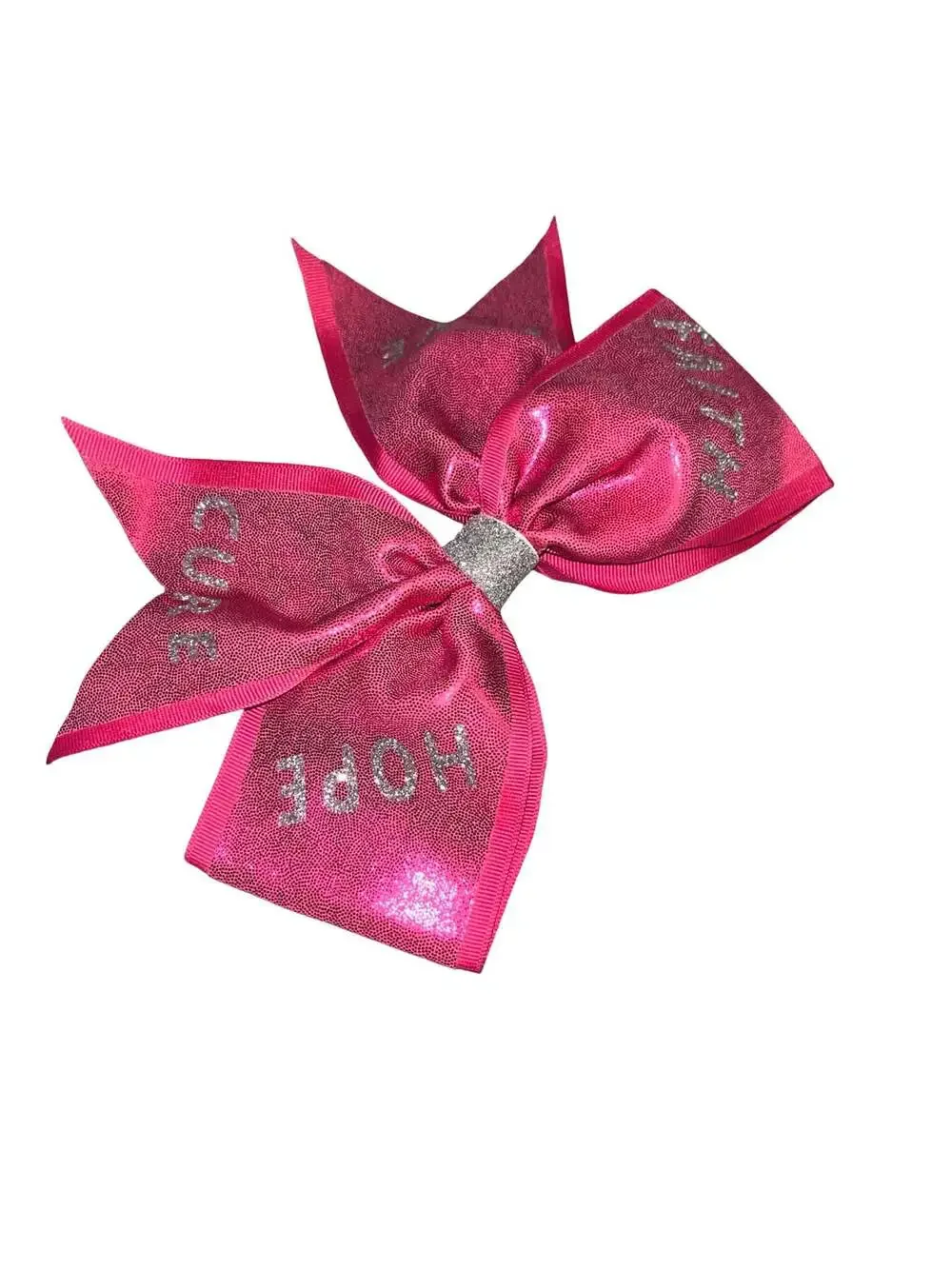 Pink Glitter Cheer Hair Bow with Faith Hope Love Cure Rhinestone Accents